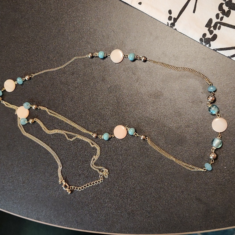 Blue and pink beaded gold necklace
